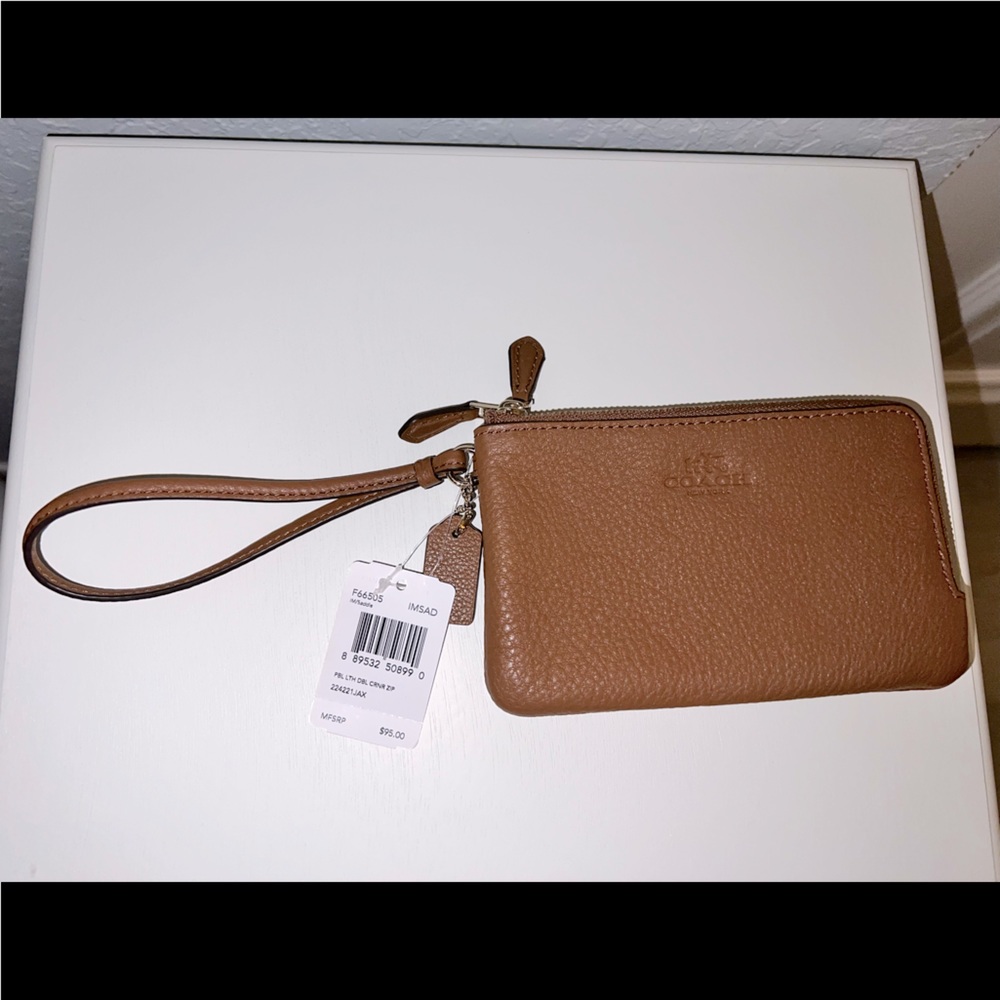 NWT, Coach brown pebble leather, double zip wristlet/wallet/purse bag
